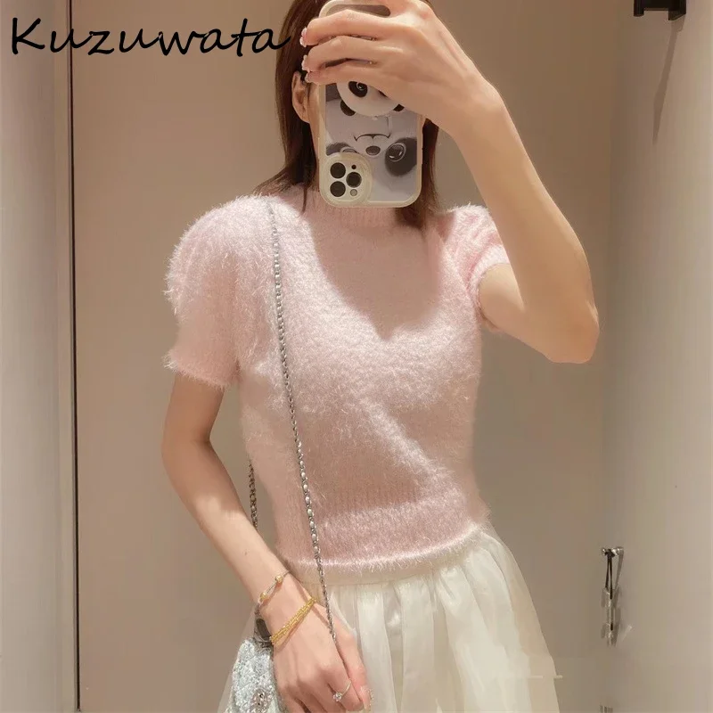 Kuzuwata giappone 2024 Chic O collo manica a sbuffo maglia Top dolce fresco solido Pullover lavorato a maglia tutto-fiammifero inizio autunno donna