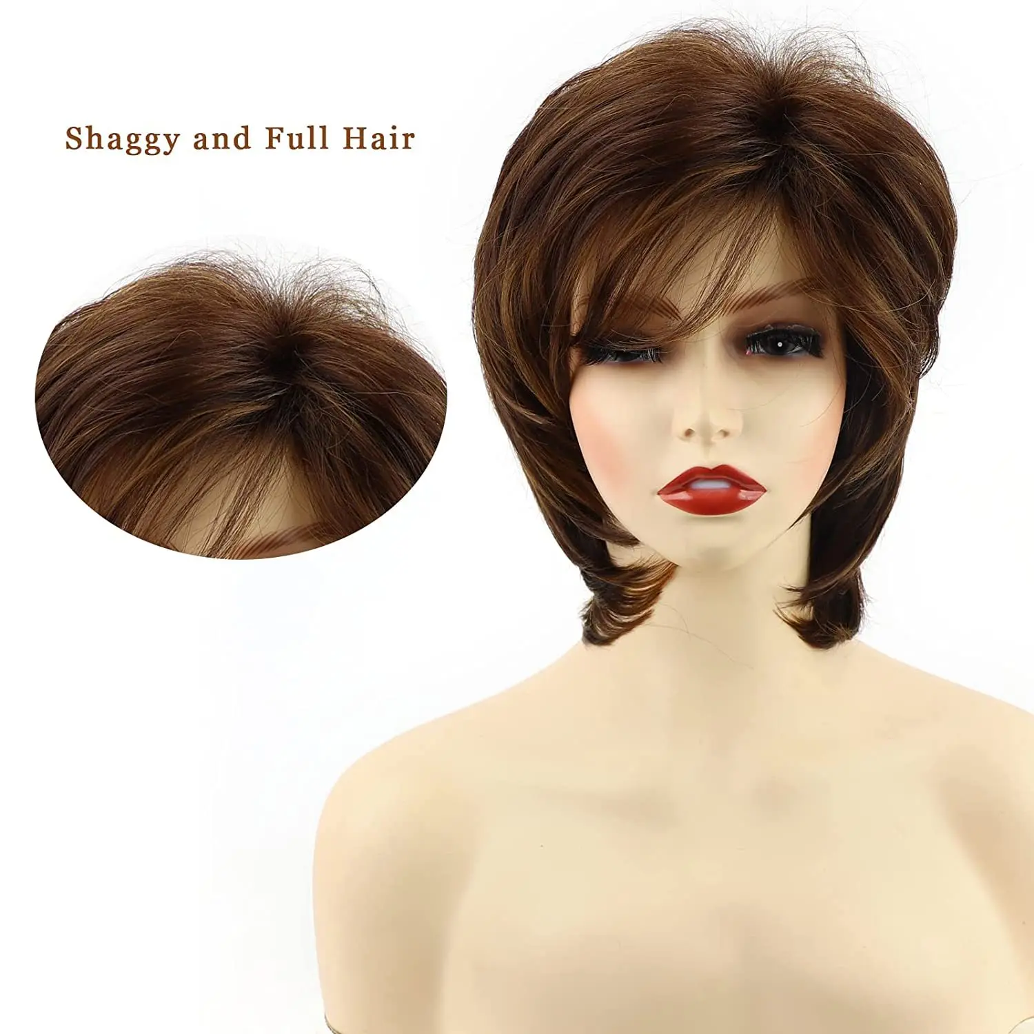 Synthetic Women\'s Short Brown Pixie Haicut Wig with Bangs Fluffy Layered Hairstyle Female Natural Wig Lady Mommy Wigs