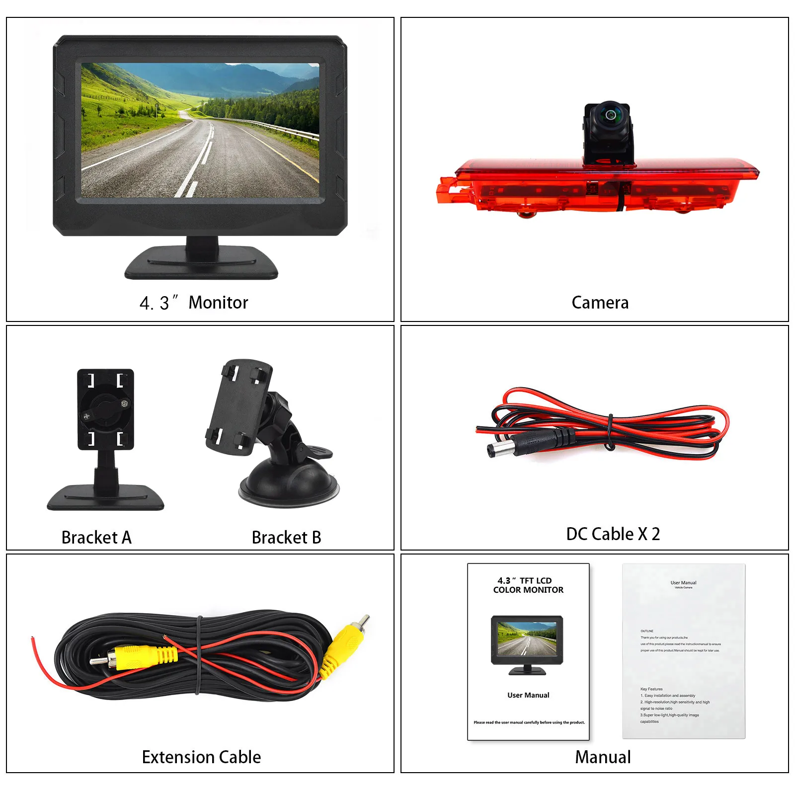 

Applicable to Volkswagen VW Caddy (2003-2015)High-position brake light reversing camera 4.3-inch display monitoring kit