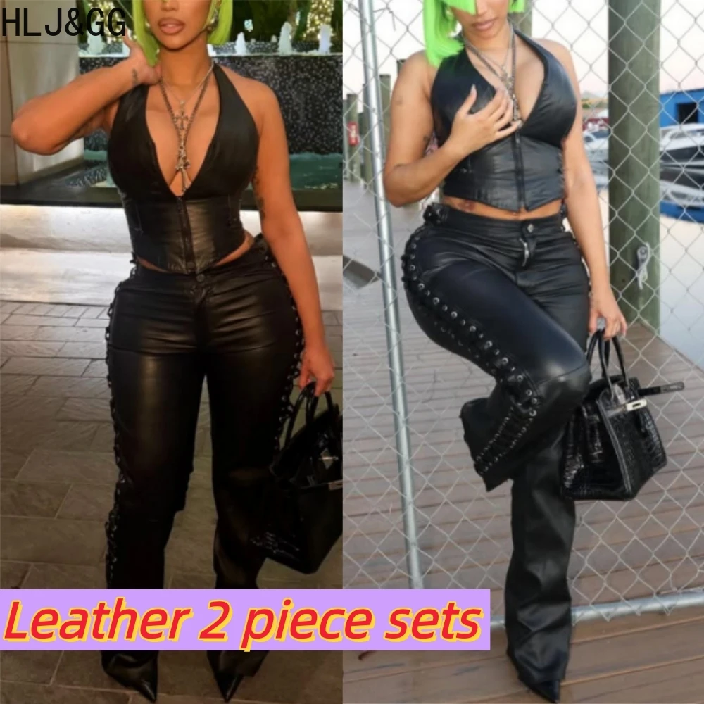 

HLJ&GG Черные сексуальные кожаные брюки с боковой повязкой, комплекты из двух предметов, женские тонкие топы и брюки с лямкой на шее и глубоким V-образным вырезом, весенняя уличная одежда