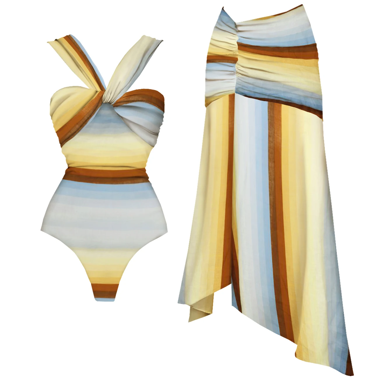 3Pcs Striped Bikini 2025 Bandeau Biquini Women Sexy Swimsuit Push Up Swimwear Female Ruffle High Waist Bathing Suits Beachwear