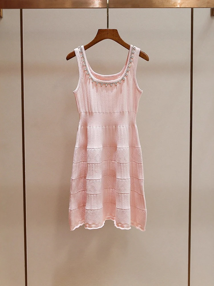 High End Women's Summer Anti-aging Sweet Pink U-neck Diamond Studded Knitted Suspender Dress