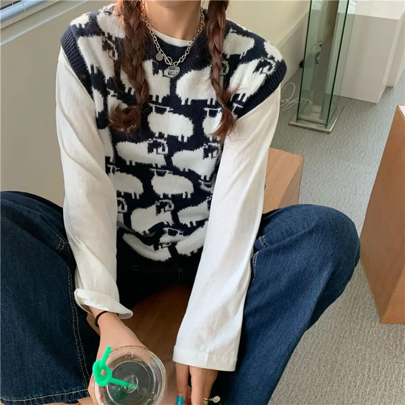 

Свитер-жилет женский в корейском стиле шикарный вязаный с круглым вырезом уютная одежда для колледжа новая универсальная весенняя свободная одежда для отдыха с принтом Харадзюку