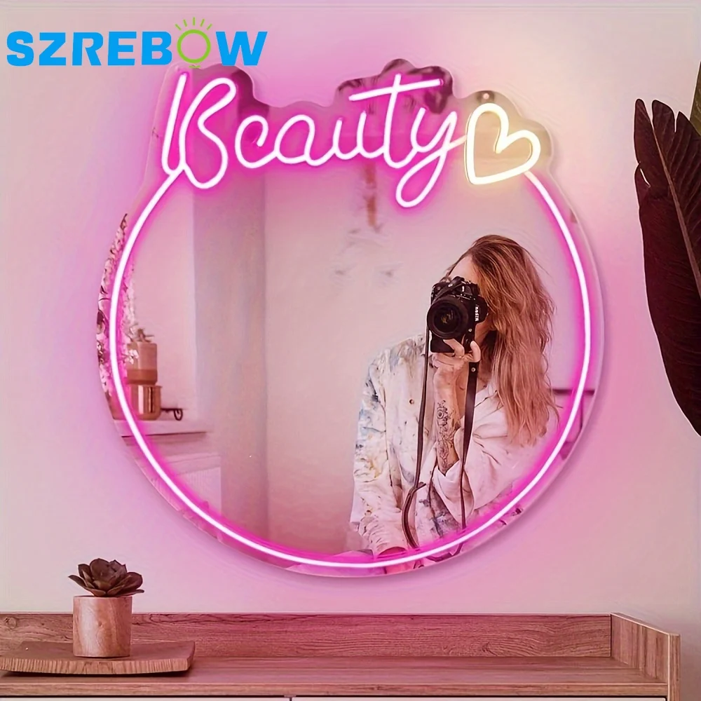 

Beauty Neon Sign Mirror for Wall Art Decor Gifts for girls Wall-Mounted Mirror Light for Girl's Room Beauty Shop Bedroom