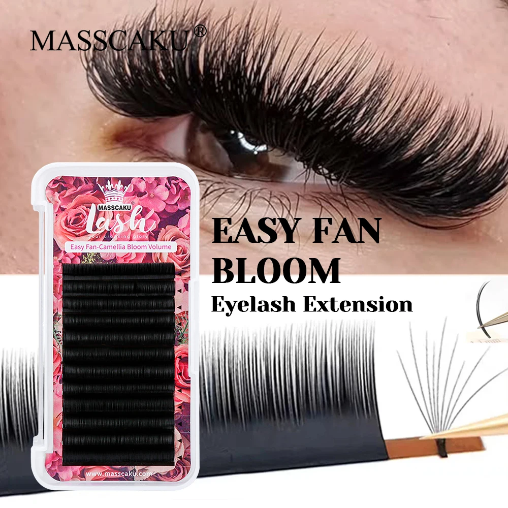 12 Lines MASSCAKU Premium Synthetic Mink Material Self Fanning Lashes Matte Deep Black Fast Blooming Eyelash without Scattering