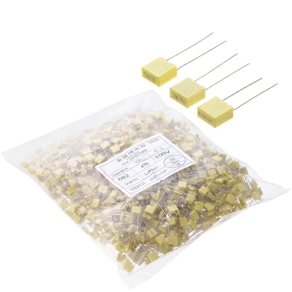 100pcs/1000pcs/20pcs 100v 102J152J 222J 331NF 2J 472J 682J 103J Metal film capacitor 1.5NF 5NF 22NF 47NF 100NF 220NF capacitor