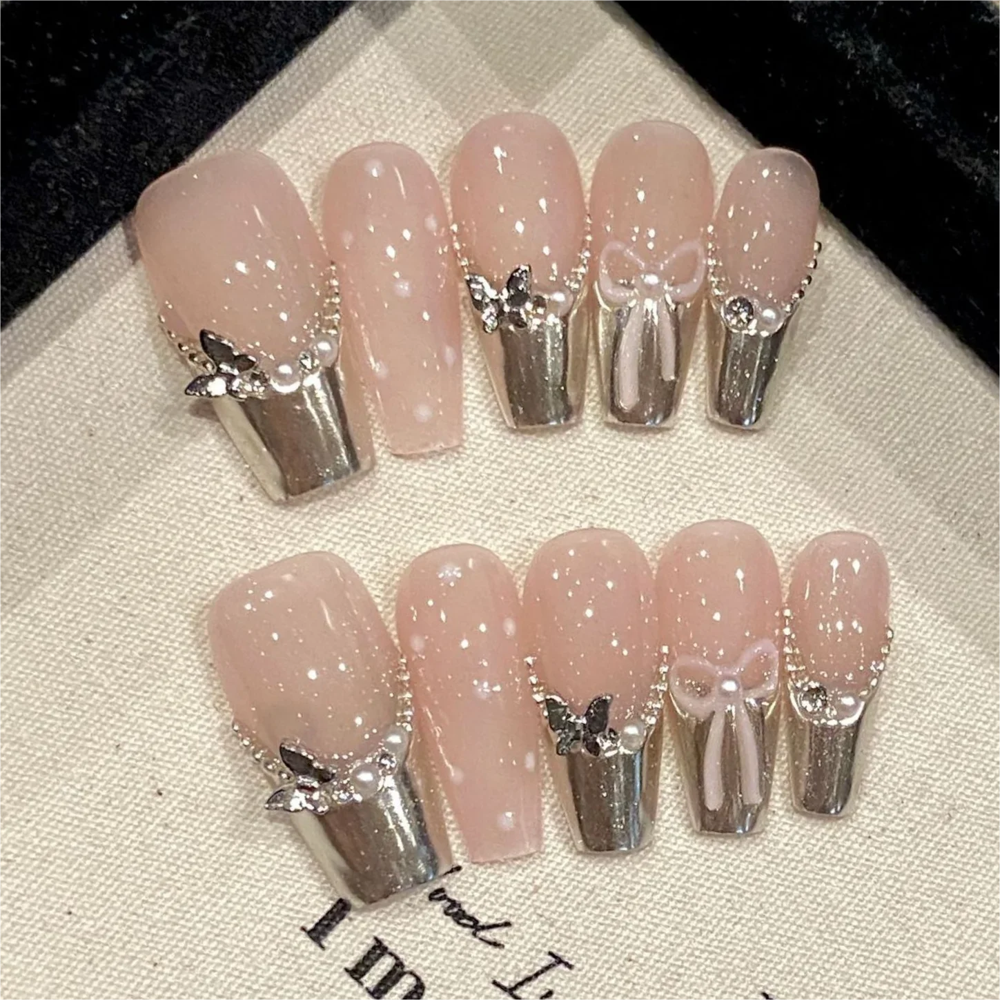 10 pezzi fatti a mano stampa sulle unghie copertura completa dolce farfalla occhio di gatto French Ballet Design Manicure unghie finte punte per