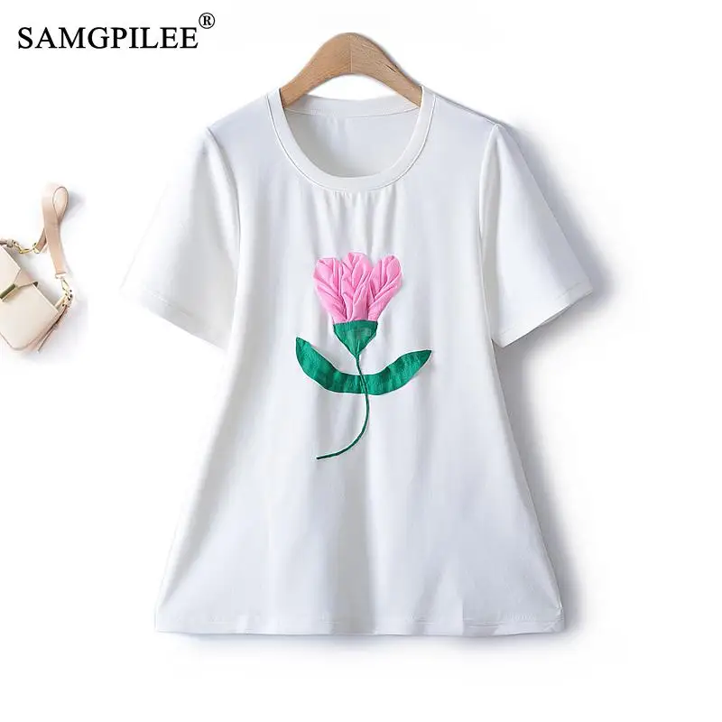 

Oversized T-shirt Sweet Beauty Short Sleeve Literary Jacquard Three Dimensional Decoration O Neck Space Cotton Tops Women 4XL