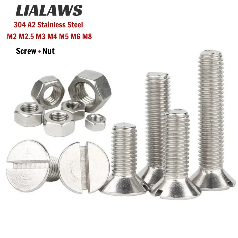 304 A2 Stainless Steel Slotted Flat Countersunk Head Machine Screw With Hex Nut Set M2 M2.5 M3 M4 M5 M6 M8 Metric Bolt Fastener