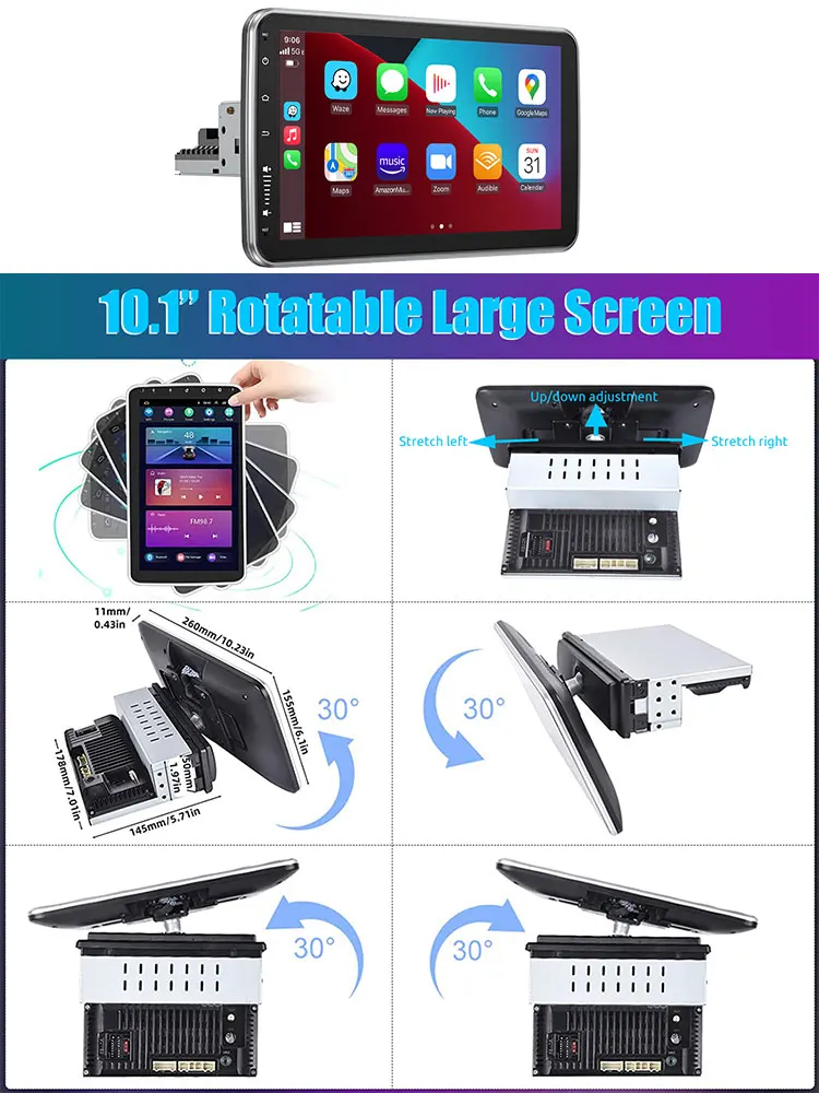 ESSGOO 10,1" drehbares Autoradio Octa-Core 1 Din Universal Carplay Android Auto Autoradio 6GB 128GB 4G LTE QLED 8core GPS BT