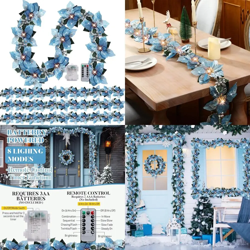 

6.5ft Battery-Powered Light Blue Poinsettia Garland with 8 Modes, String Lights, Glitter Holly & Berries for Indoor/Outdoor Chri