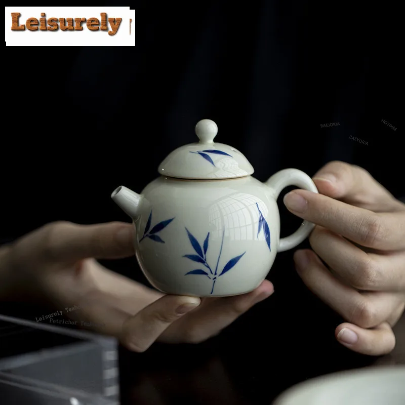 HOYIHM 125ml Hand-painted Bamboo Hand-held Teapot Antique Clay Ball Hole Filter Pot Chinese Tea Brewing Kettle Household Kung Fu