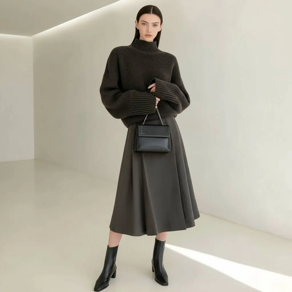 Casualowa spódnica o średniej długości, o kroju litery A, jesienno-zimowa, z regularnym stanem, odzież damska, elegancki, prosty design do noszenia na co dzień.