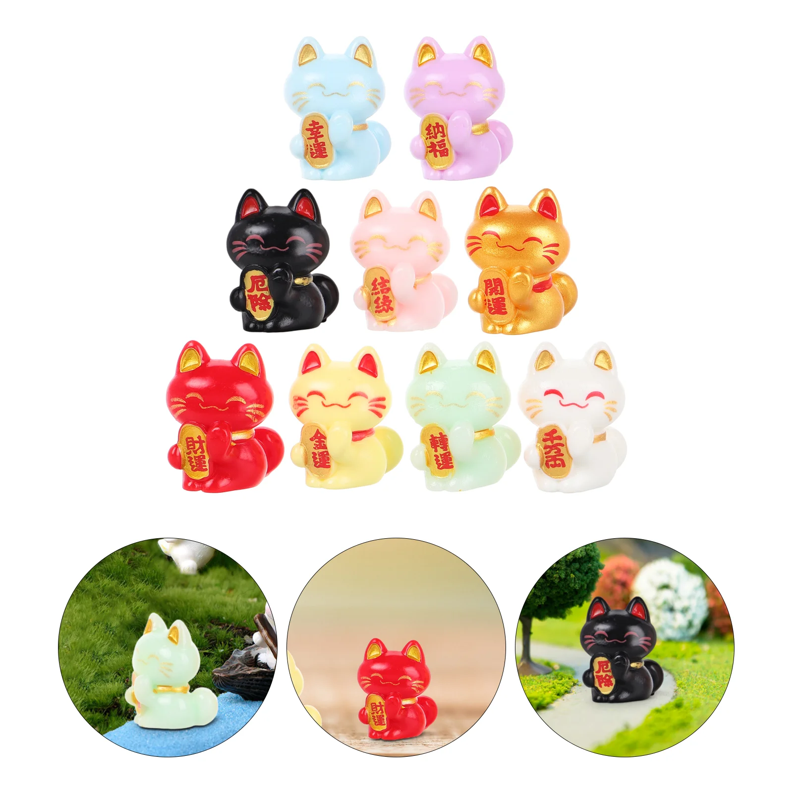 

9 Pcs Cat Toy Lucky Ornament Miss Mini Resin Miniature Landscape Fortune Statues