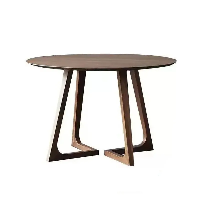Round Solid Wood Dining Table, Modern Minimalist Kitchen Table with Geometric Legs, Natural Walnut Wood Dinner Table