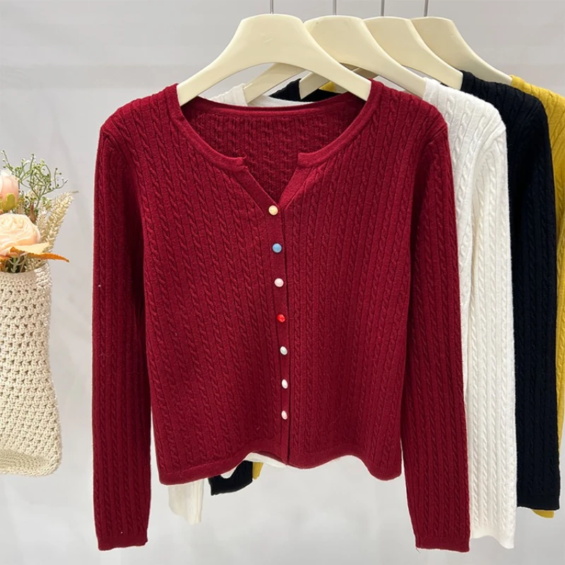 2025 Solid Long Sleeve Single Breasted Knitted Sweater Autumn Winter Women's O-neck Cardigan Colorful Buttons Versatile Tops