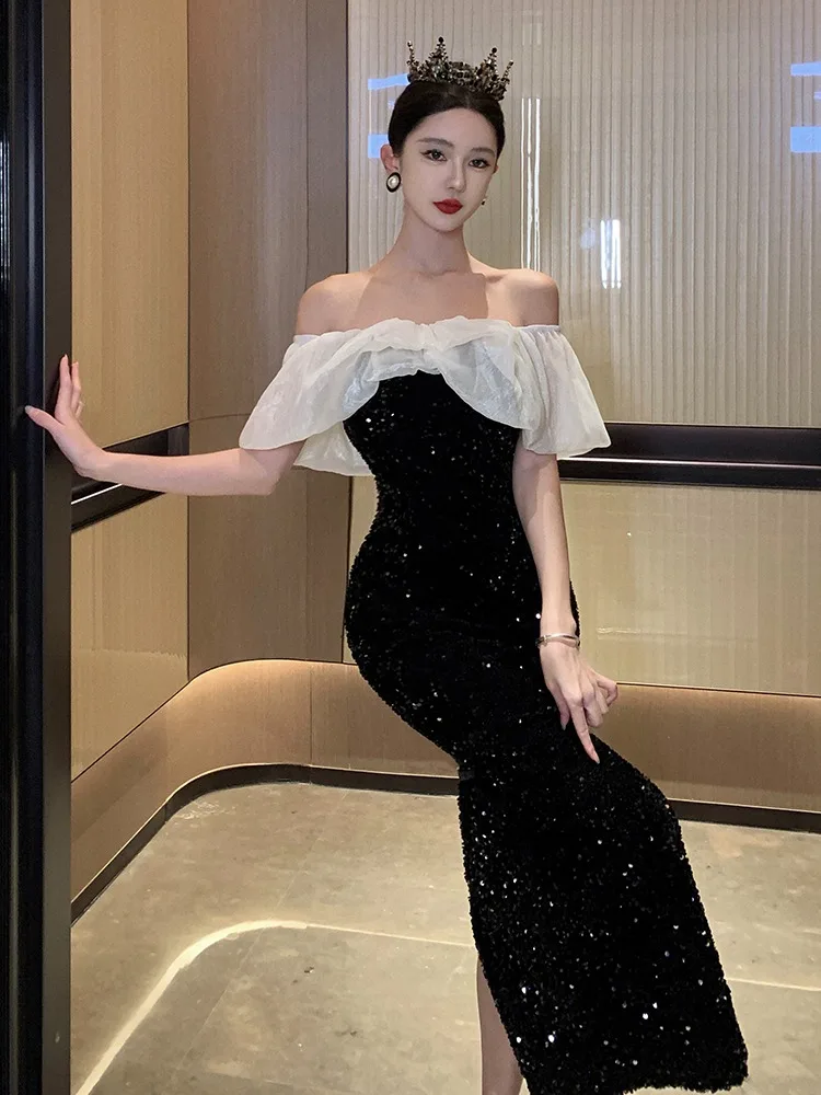 Ofallsis Light Luxury Socialite Sexy Temperament Dress 2024 Summer New Off Shoulder Velvet Sequin Banquet Black Evening Dresses