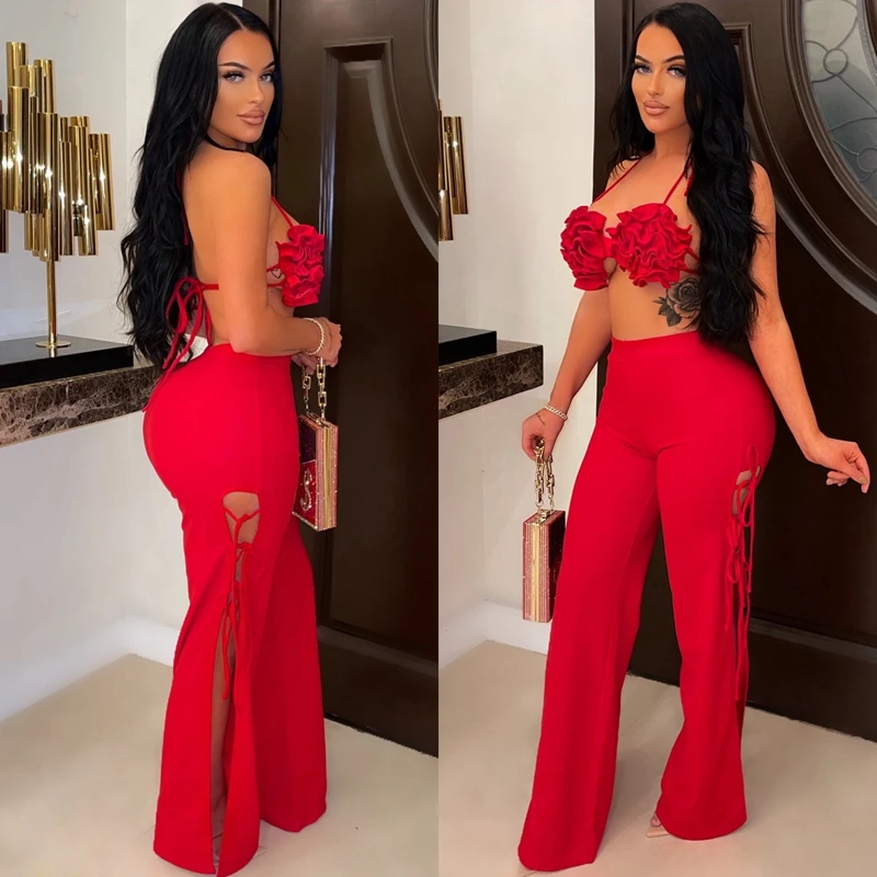 Summer Two Piece Pants Set Women Elegant Flowers Crop Top + Wide Leg Pants Suits Matching Sets Sexy Club Beach Outfits for Women