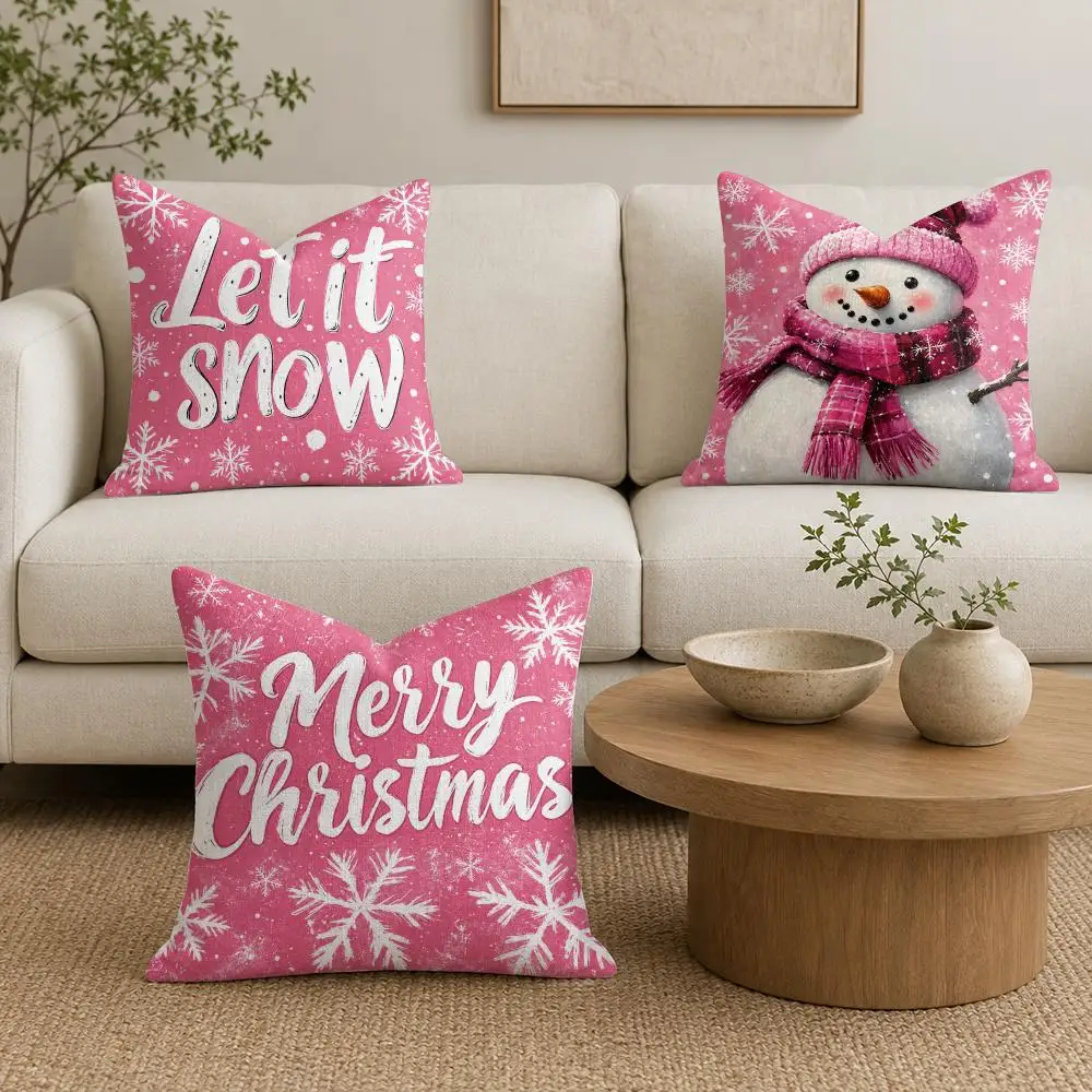 Pink Christmas Quote Cushion Cover Natural Linen Organic Fabric Double-Sided Printing Sofa Home Decor Gift Pillow Cover