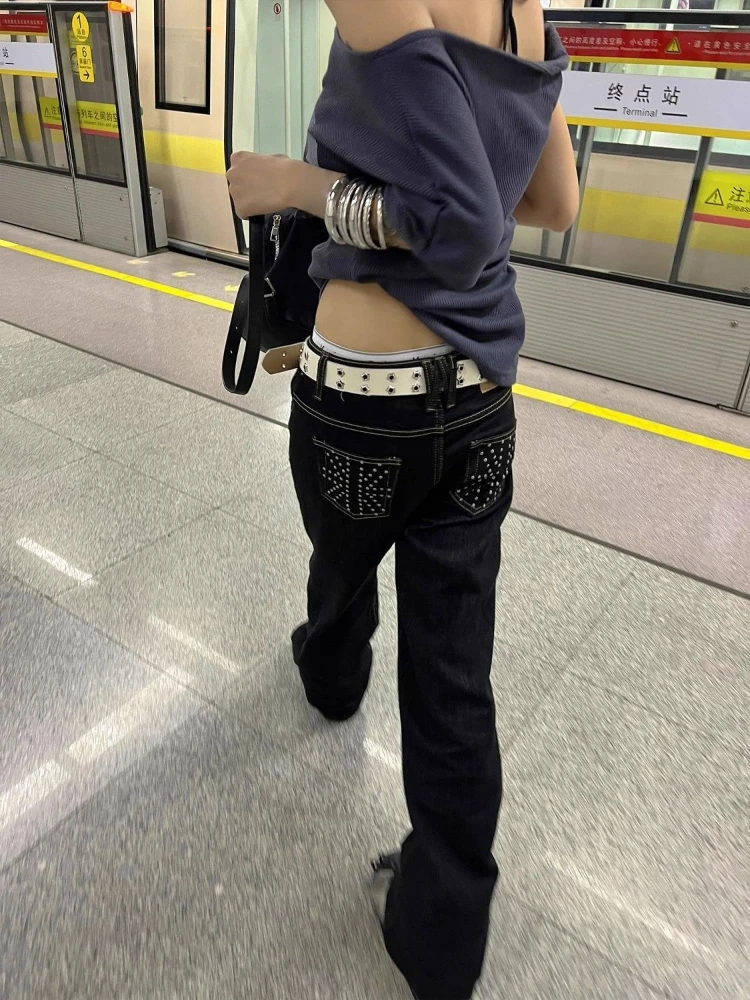 Deeptown Vintage Rhinestone Women Jeans Y2k Harajuku Low Waist American Style Straight Denim Pants Baggy Grunge Gyaru Street