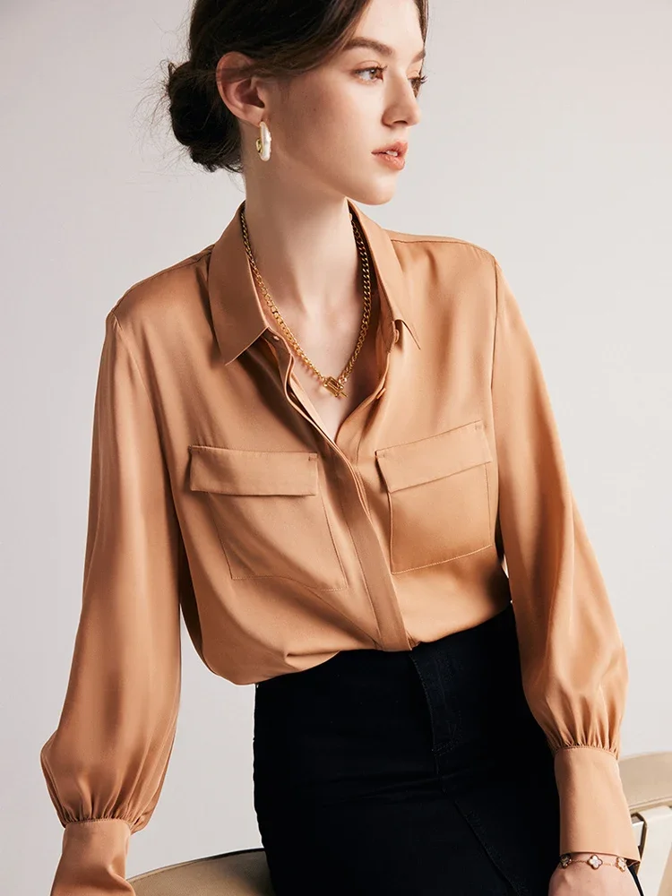 

Woman Dress Shirts 90%Silk 10%Spandex Chest Pockets Solid Chic Blouses 2023 Spring Summer Office Lady Top