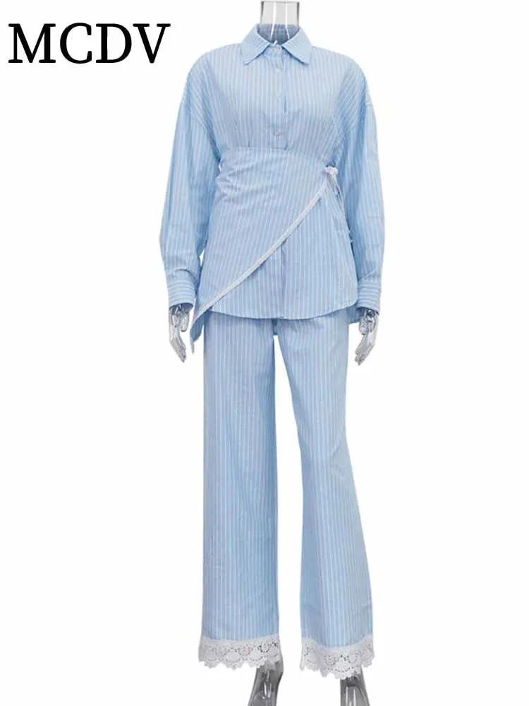 MCDV Casual losse streep broek set dames kant patchwork volledige mouw knop shirt veterriem wijde pijpen broek 3-delige outfits