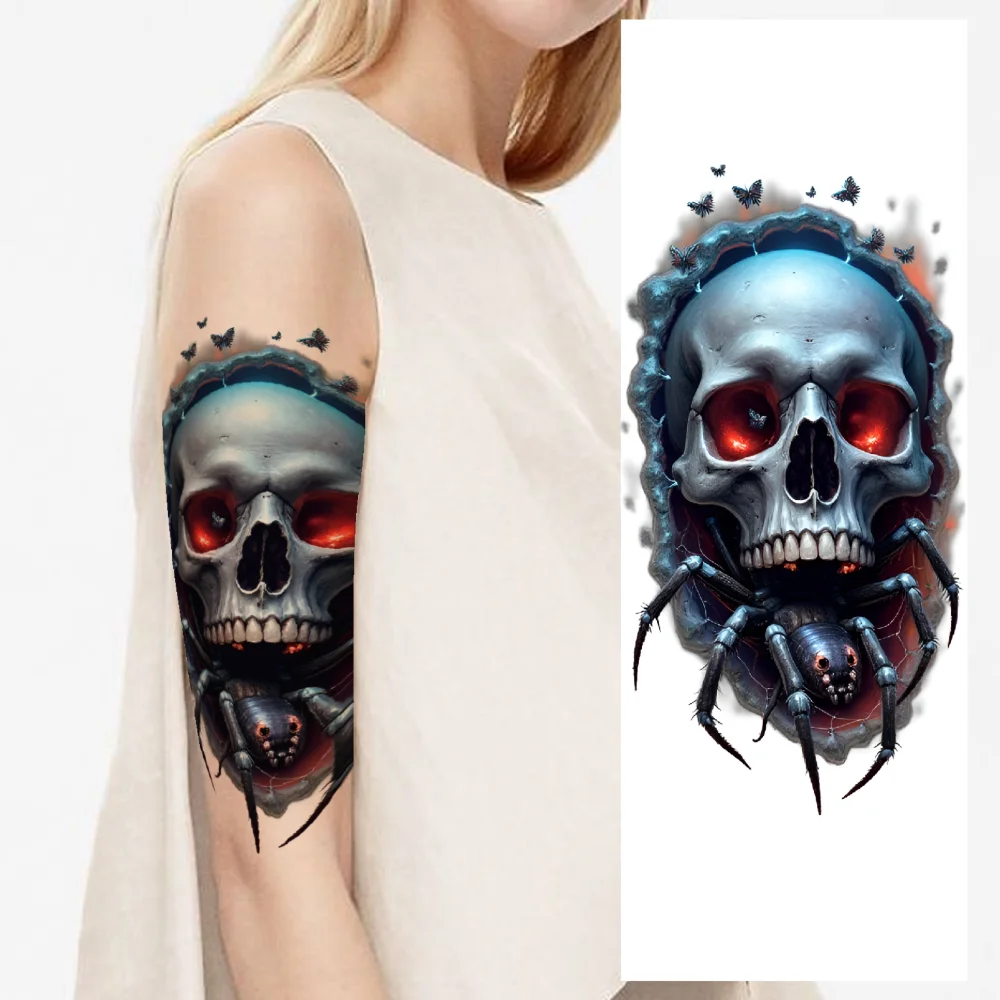 

3pcs Temporary Tattoo Skull With Mechanical Elements Waterproof Long-lasting Body Stickers Skull With Red Eyebrows For Men