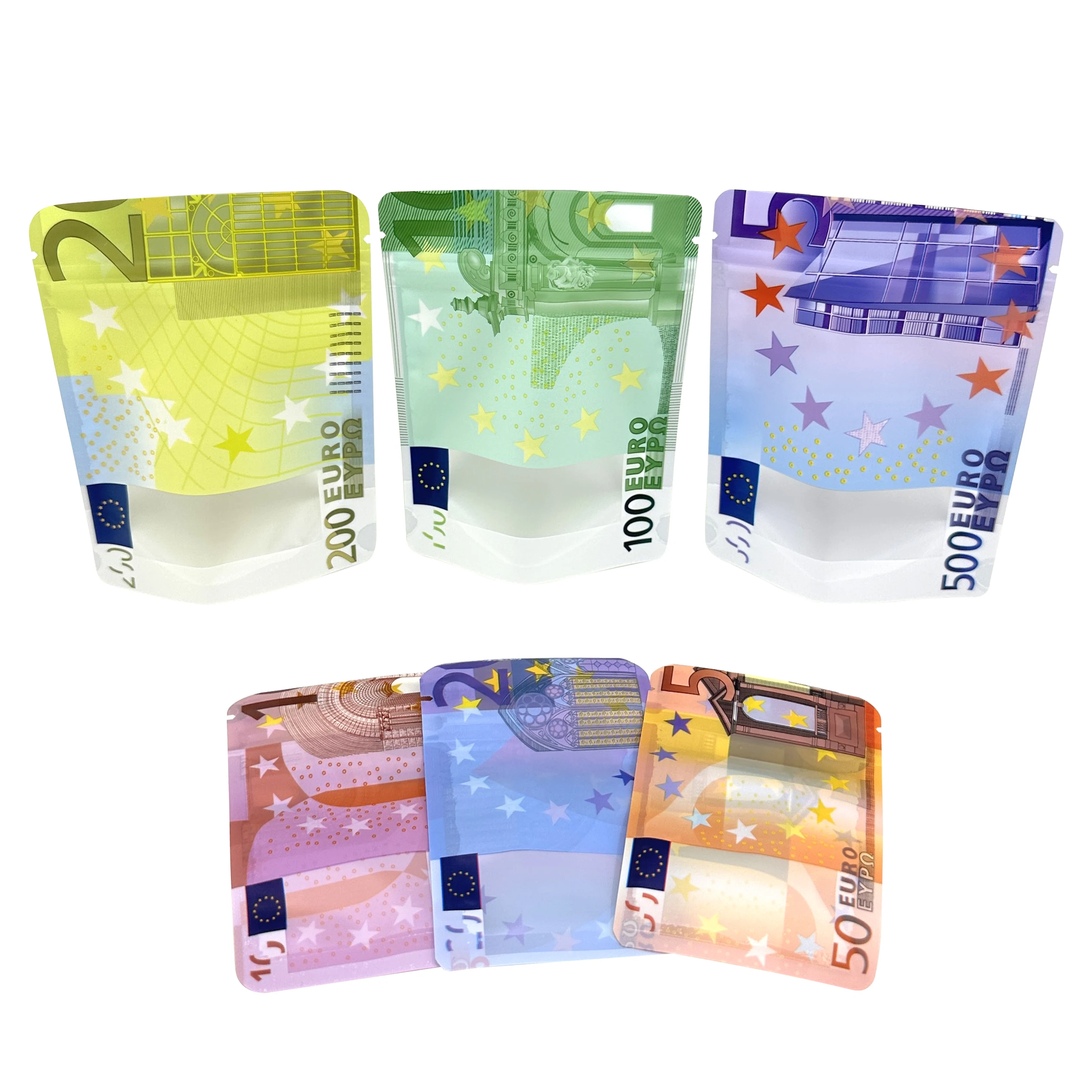 Bolsa de papel con cierre de cremallera, bolsa pequeña con ventana transparente, 1-100G, Mylar, diseño personalizado, EURO, 10 €, 20 €, 50 €, 200 €,