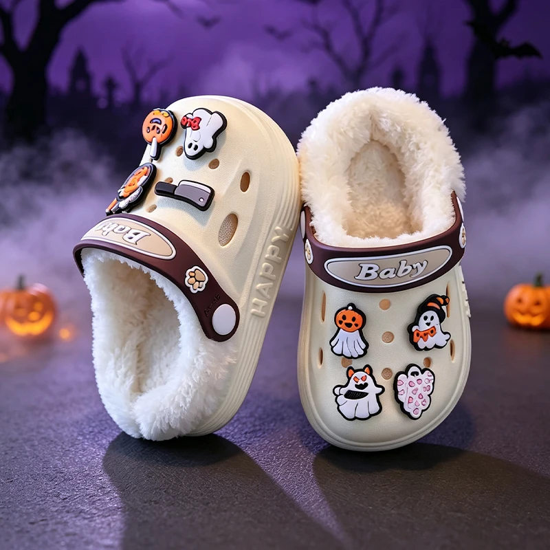 Niedliche Halloween-Geister-Kürbis-Dekoration, gefütterte Clogs für Kleinkinder, warme, rutschfeste Hausschuhe für Jungen und Mädchen. – Detail 4