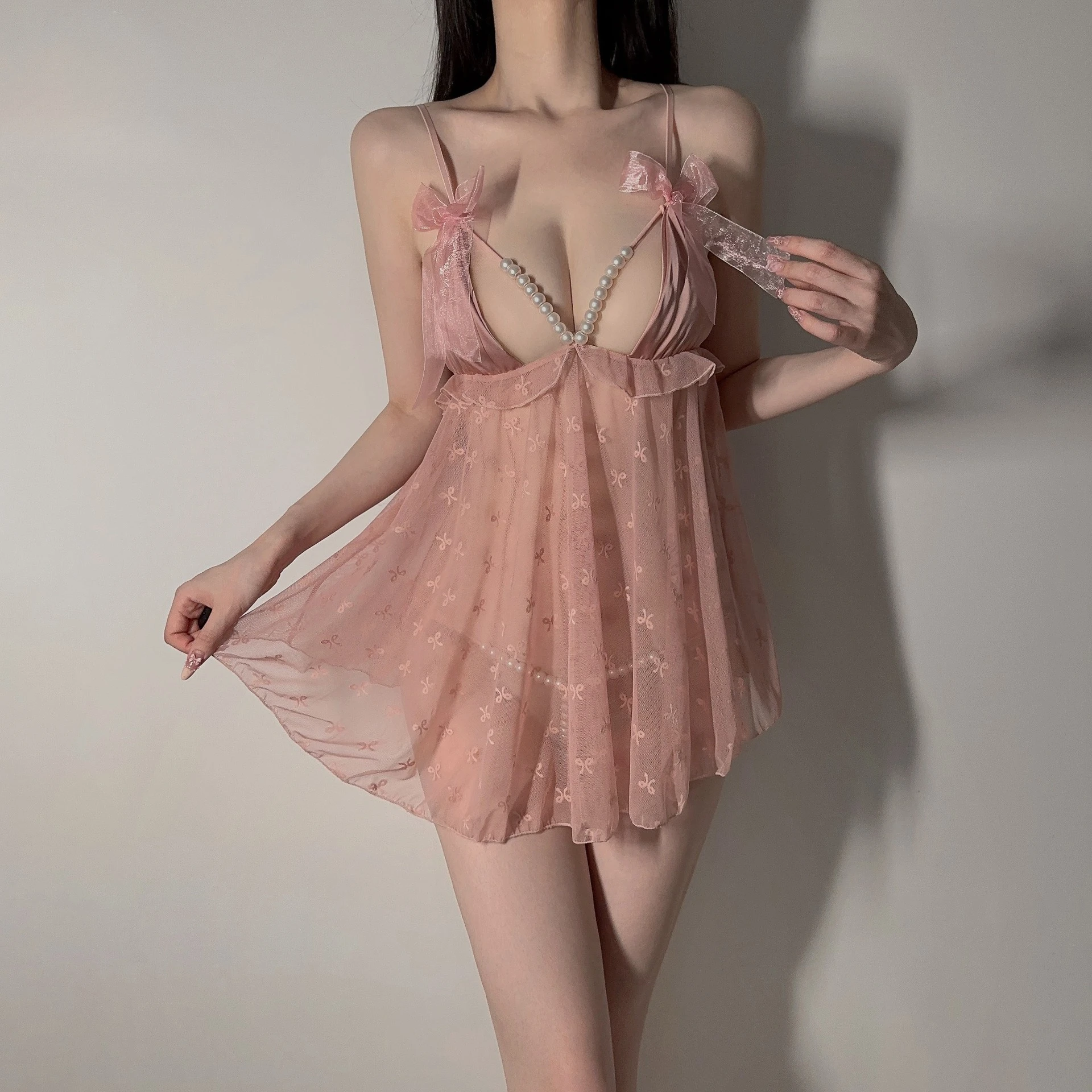 French Sheer Lace Slip Nightgown Pearl Stimulation Transparent Erotic Lingerie Alluring Sleep Dress Bedroom Honeymoon Dating view 5