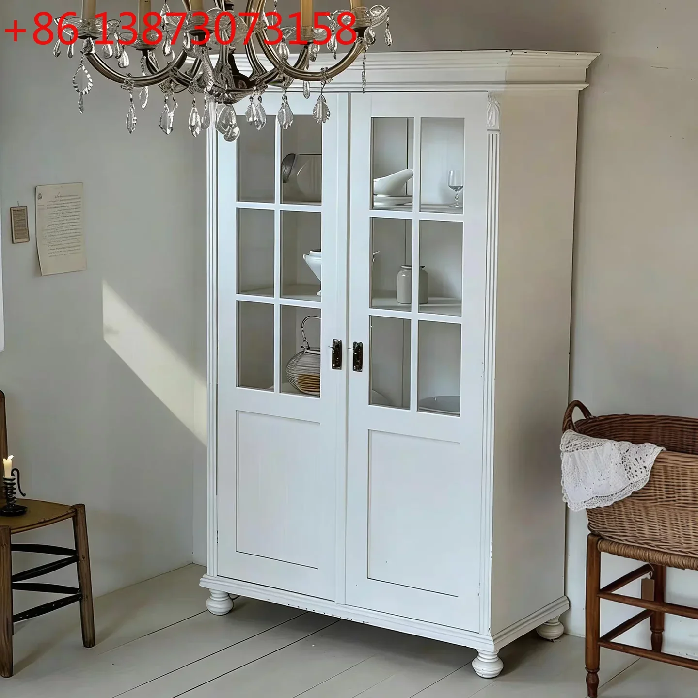 

French cream style solid wood dining side cabinet living room wall glass door display cabinet American retro bookcase