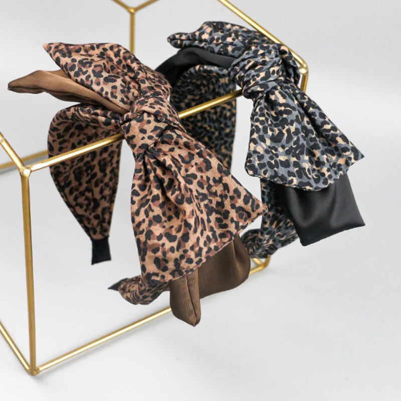 

High Quality Leopard Print Satin Bow Hair Bands Headband for Women Retro Versatile Hair Accessories Pressed Hair Hoop Headwear