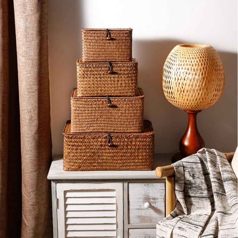 

Storage casketWoven Straw Storage Bins with Lid - Set of 4 - Rectangular Seagrass Basket/Storage Basket for Shelf Organizer