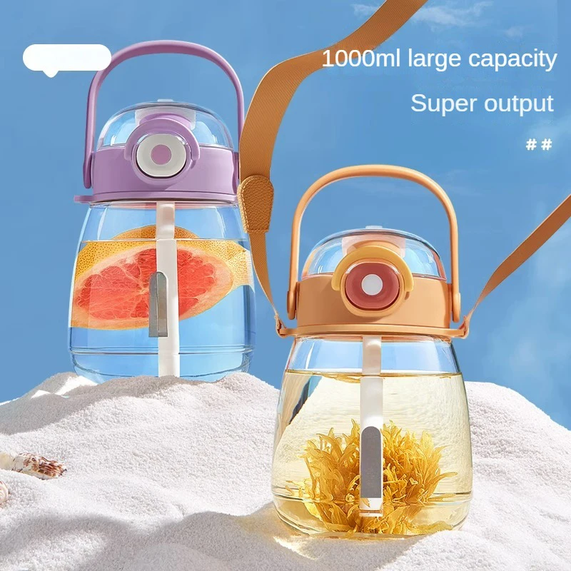 2024  1000ml Large Capacity   Motivational Tritan  With Straw and Straps for