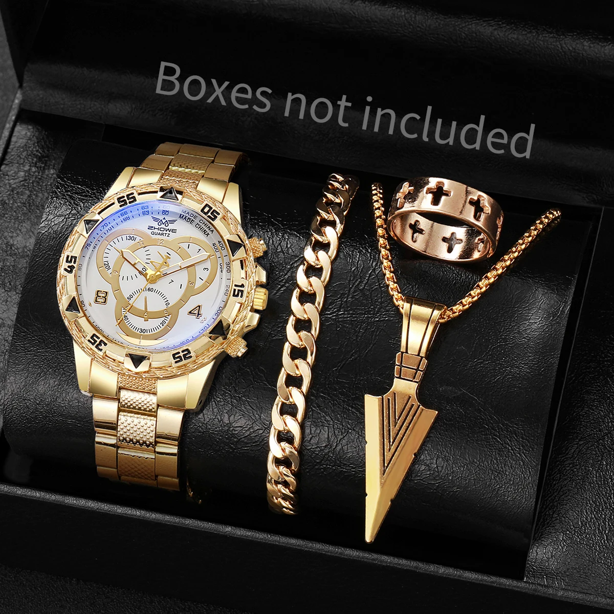 4 개/대 패션 남자 쿼츠 시계 럭셔리 대형 다이얼 남성 비즈니스 손목 시계 남성 시계 쥬얼리 세트 Reloj Hombre (상자 없음)
