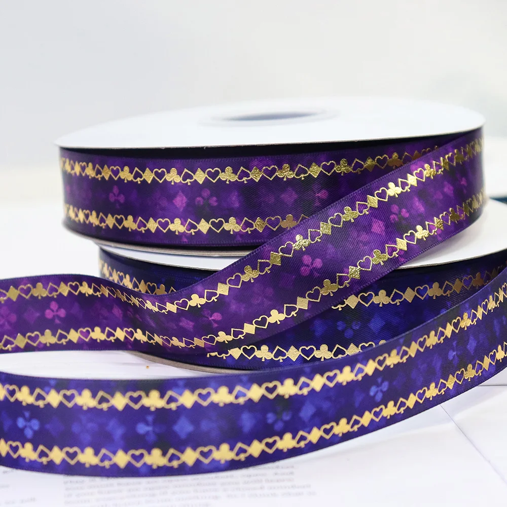 1\'\' 25mm Gold Foil Poker Spade Heart Diamond Club Printed Polyester Satin Ribbon For Gift Packaging DIY Sewing Accessories