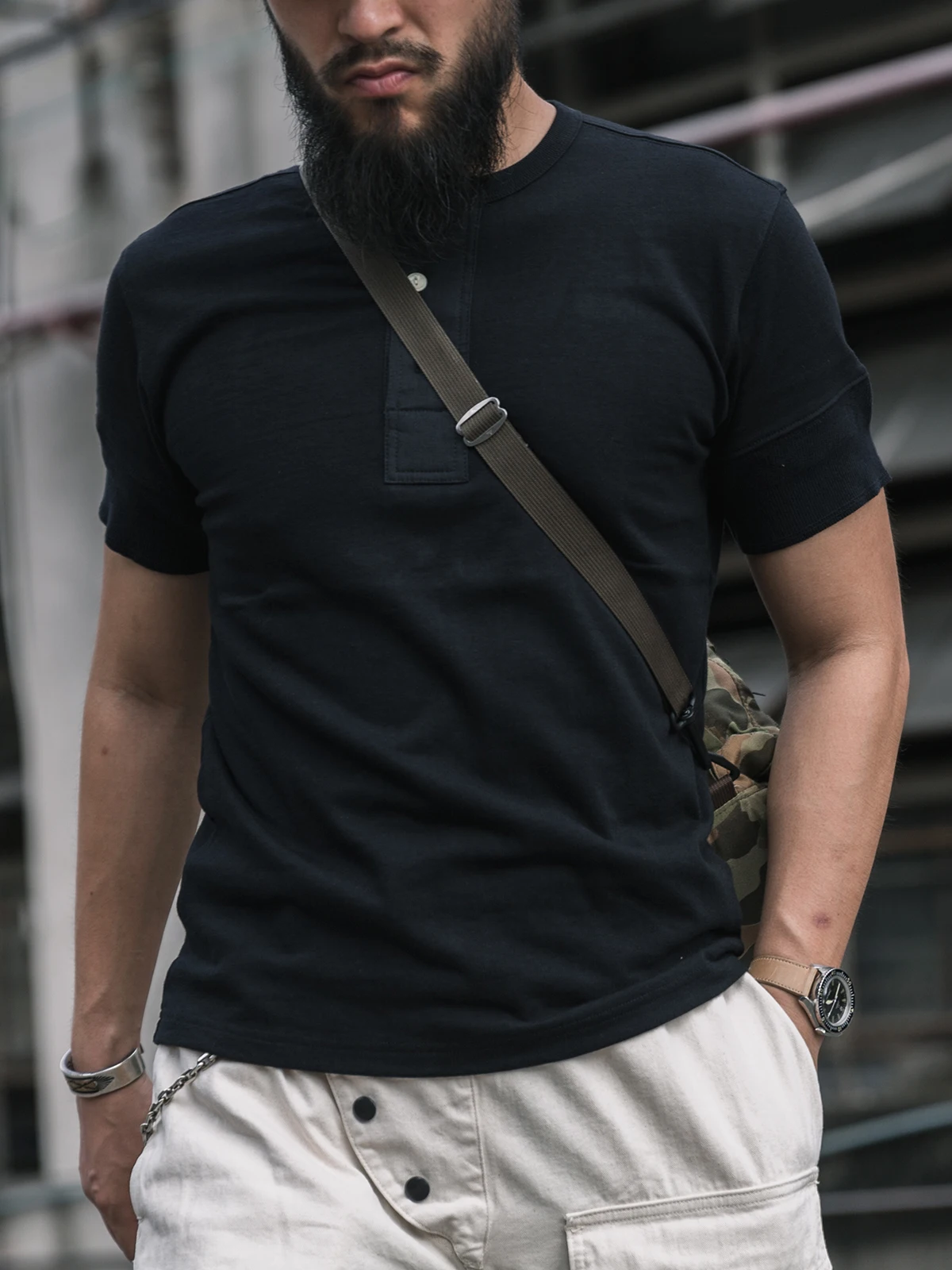 Rugged Bronson American Retro Henry Collar Short Sleeve T-Shirt Men's Double Thread Long Velvet Pure Cotton Base Shirt