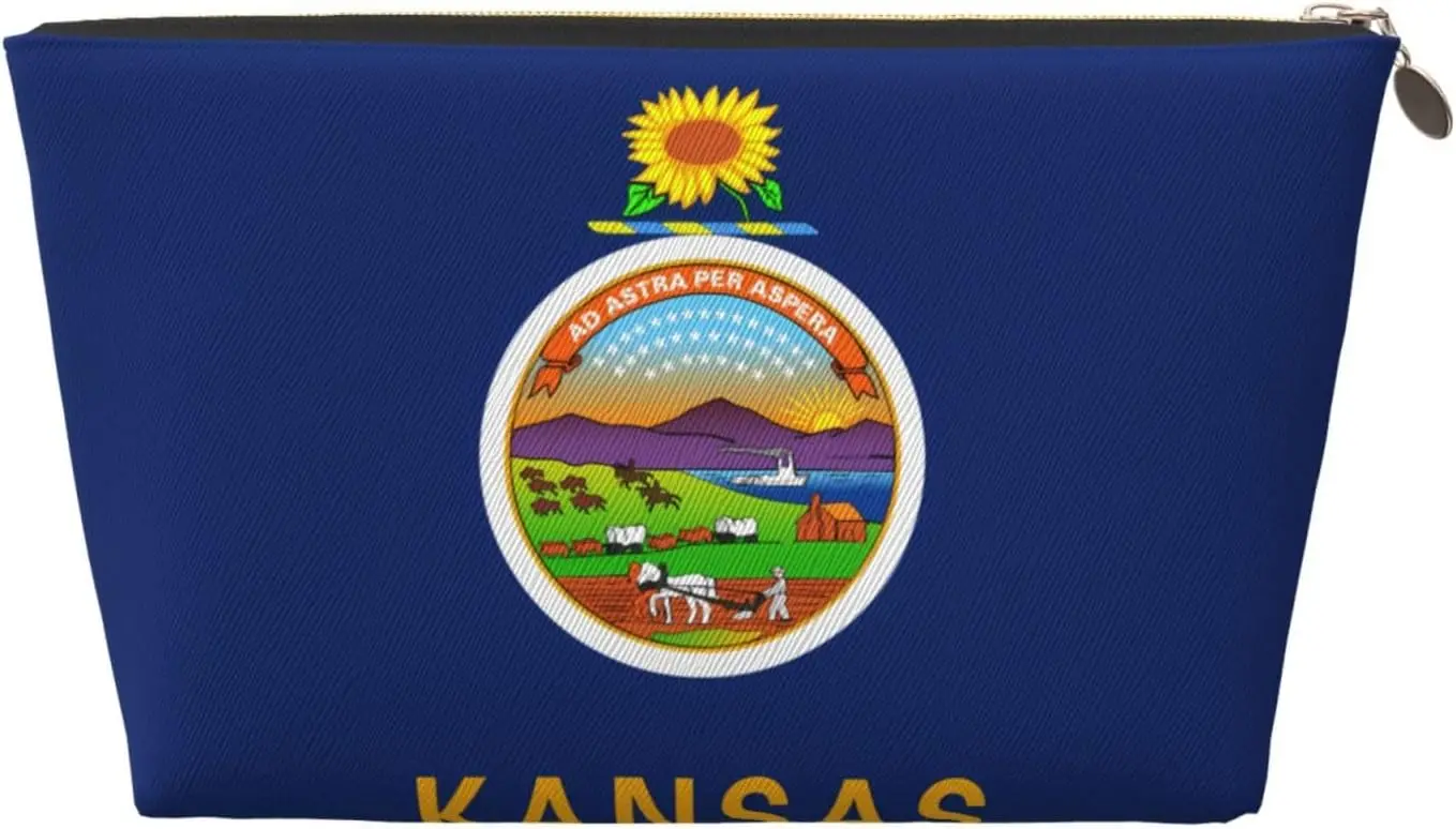 Kansas State Flag Leather Travel Toiletry Bag - Reusable Cosmetic Makeup Accessories Organizer Zipper Pouch for Daily Storage