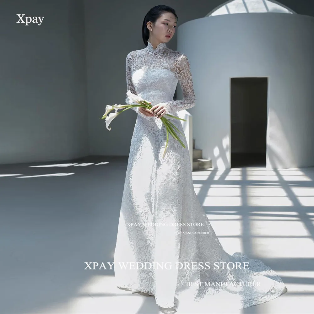 

XPAY Elegant High Neck A Line Korea Wedding Dresses Photo Shoot Full Lace Long Sleeve Bride Dress Corset Backless Bridal Gown