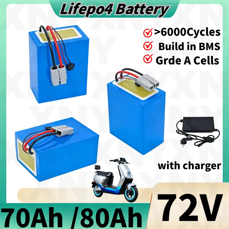 

Аккумулятор LiFePO4 72В 70Ач/80Ач с Bluetooth BMS для гольф-каров, тракторов, электромобилей 2-7 кВт, литий-железо-фосфатный, 6000+ циклов, 5 кВт
