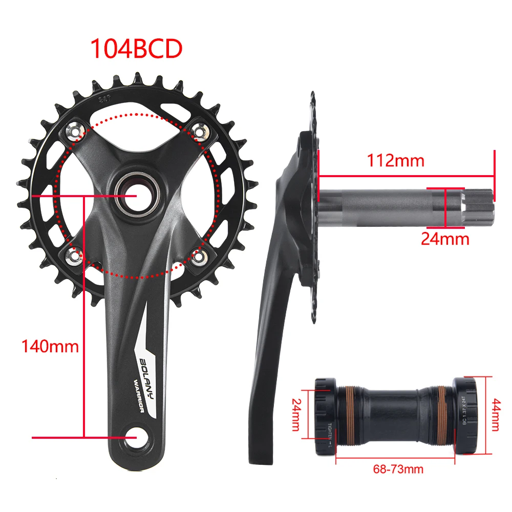 BOLANY Mountain Bike Crankset Aluminum Alloy Hollow Crank Single Chainring 140mm MTB Bike Cranks For Kids\' Bicycle 32T 34T 36T