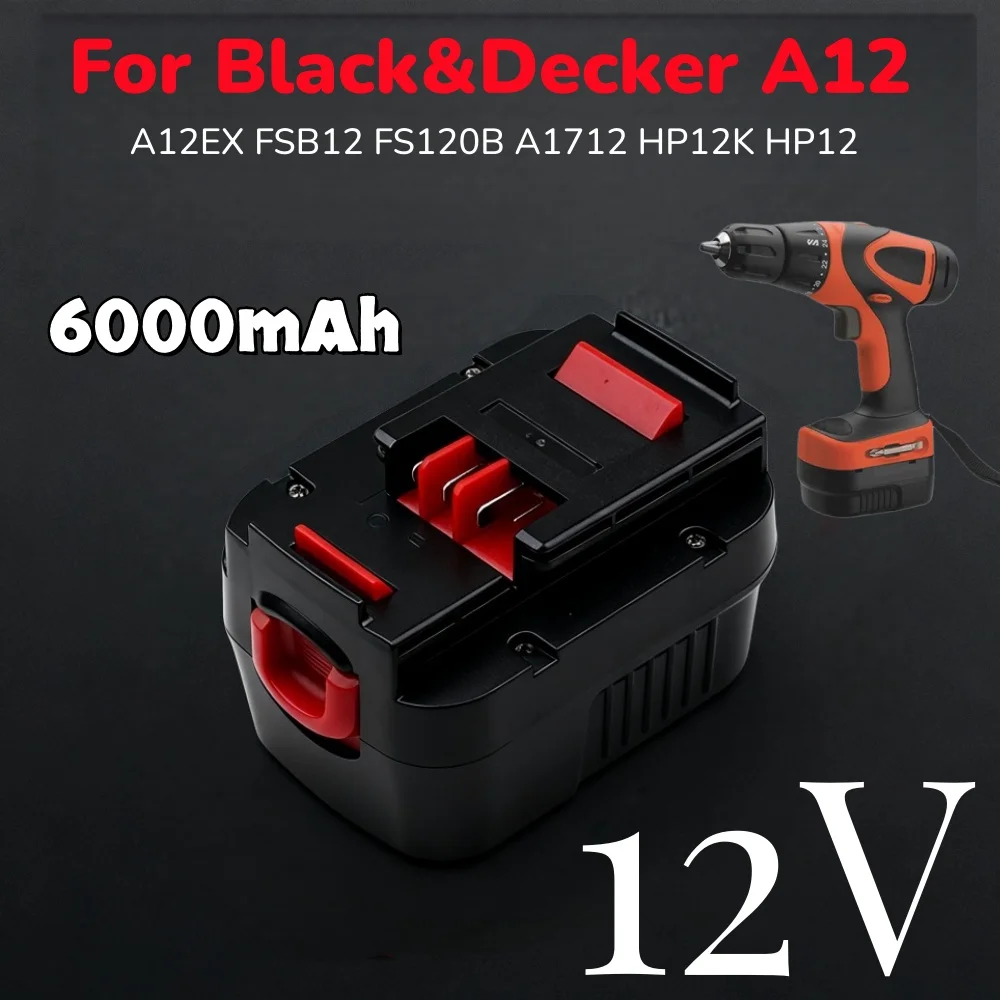 

6000mAh 12V Li-ion Battery for Black&Decker A12 A12EX FSB12 FS120B A1712 HPB12, Replacement for Power Tools
