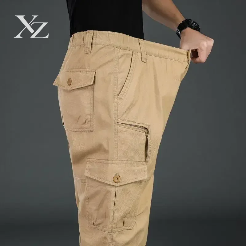 Men's Tactical Cargo Pants Elastic Waist Multi-Pocket Cotton Large Size Trousers Sports Training Work