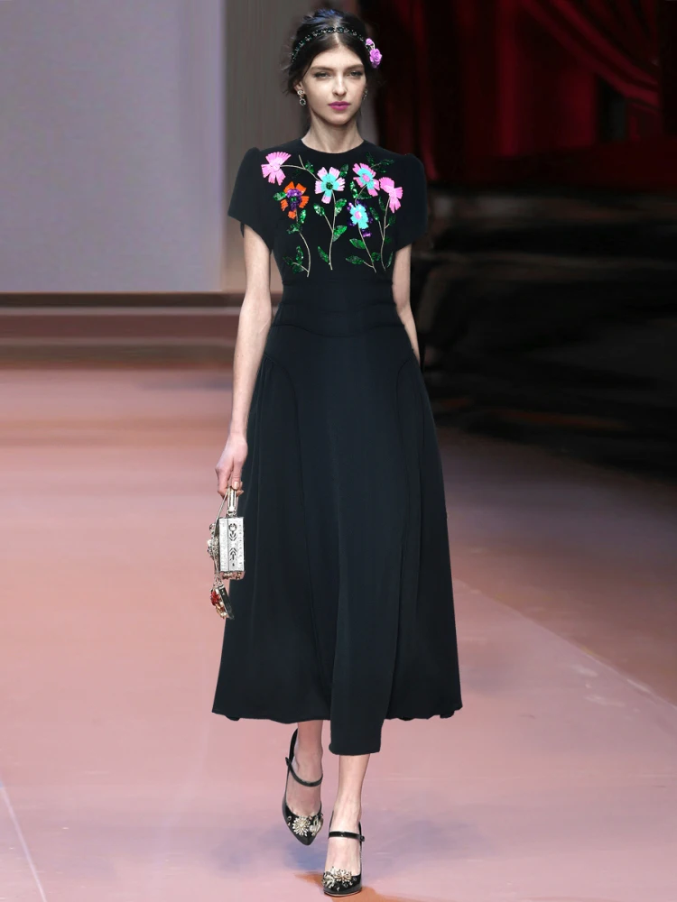 

Женское платье, лето 2025, круглый вырез, короткий рукав, позиционирование, блестки, вышивка, цветочный большой подол, женские черные длинные платья