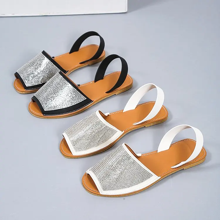 2022 sandali da donna superficie in pelle sandali retrò con strass Slip on Casual Open Toe cucito scarpe da spiaggia piatte da donna