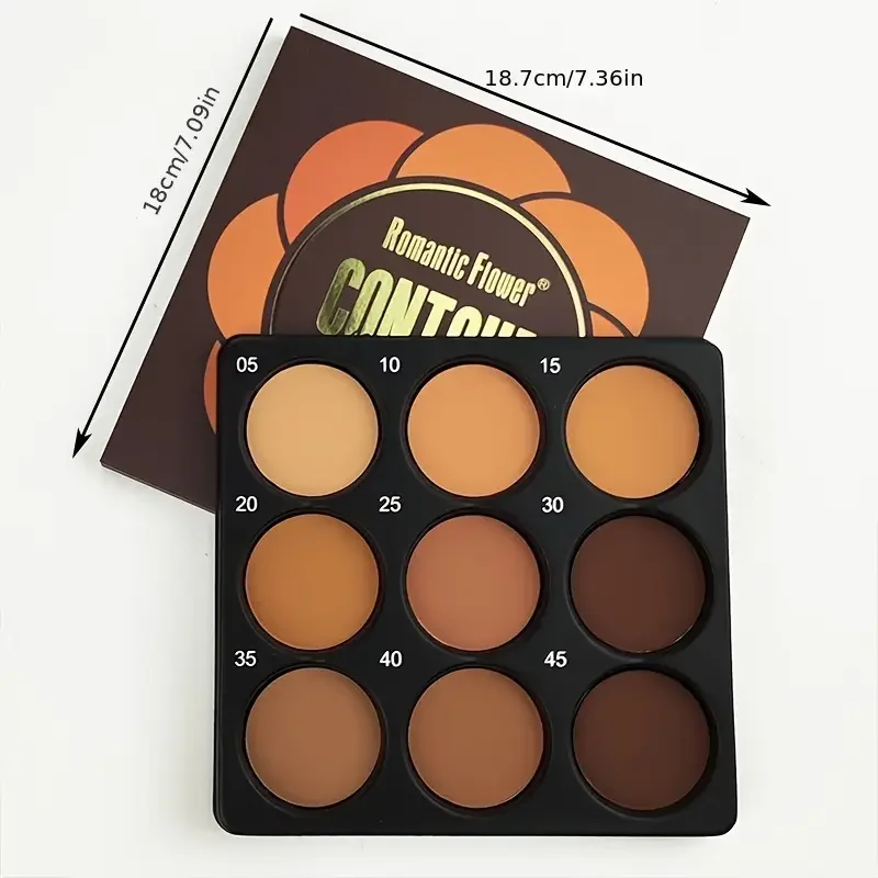 9-kolorowa paleta podkładek w kolorze ciemnego brązu, konturowanie, korektor, utrwalenie makijażu, podkład kontrolujący wydzielanie sebum, cień do powiek, paleta cieni do nosa, matowy naturalny z delikatnym brokatem
