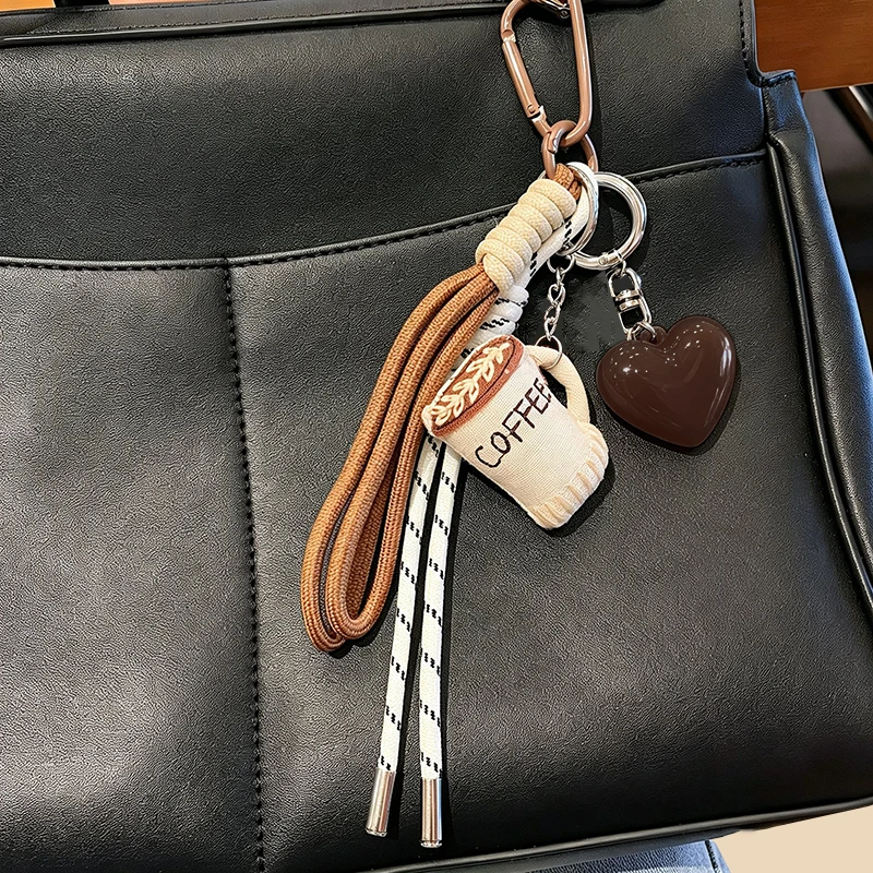 Bag Charm Cartoon Linen Embroidery Coffee Cup Pendant Lightweight Portable Cute Keychain for Backpack DIY Decor Charm Accessorie
