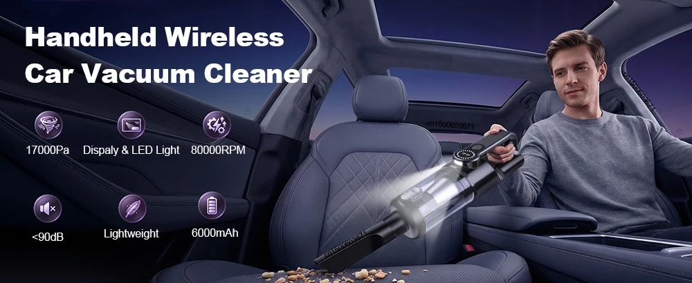 Auto-Staubsauger, kabelloser tragbarer Staubsauger, 17000PA, starke Saugkraft, USB wiederaufladbar, Handstaubsauger für das Auto, Gebläse – Detail 1