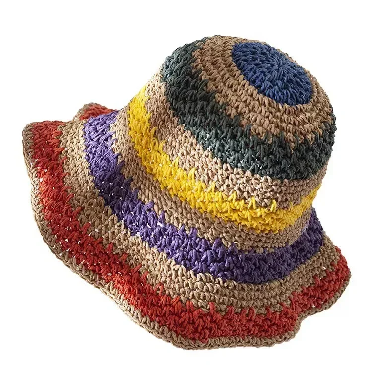 Rainbow Sun Hat Women Summer Striped Crochet Beach Bucket Hat Women Crochet Foldable Panama Hat Female Beach Sun Visor Cap