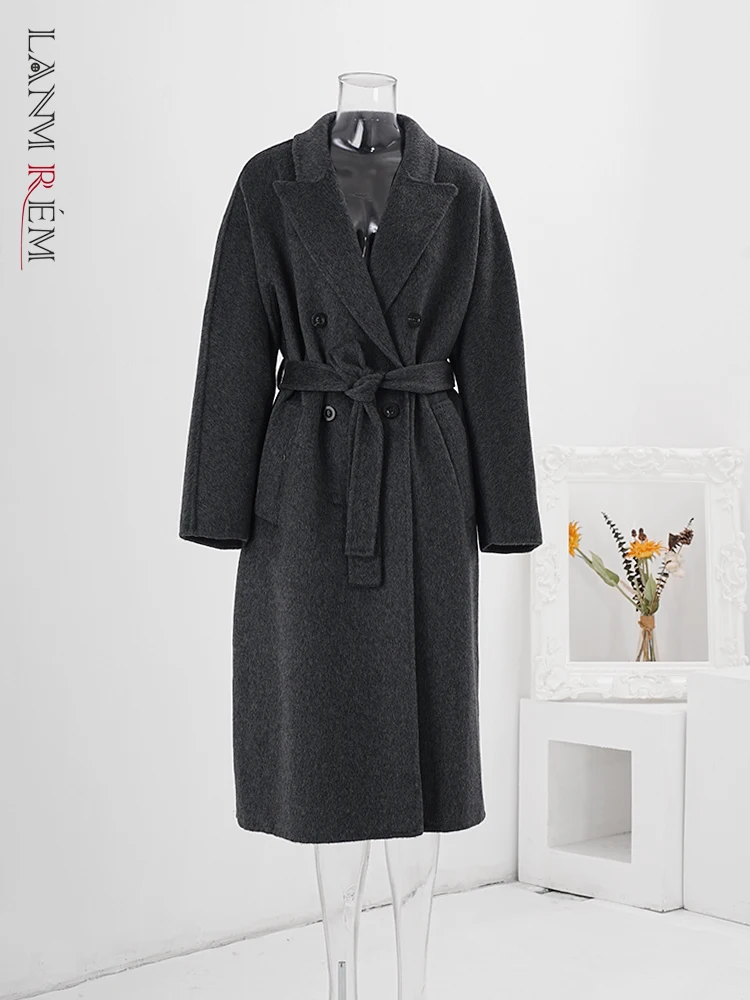 

LANMREM High End Winter 100% Wool Long Coat For Women Lapel Double Breasted Belt Gathered Waist Clothing 2024 New CPG2164